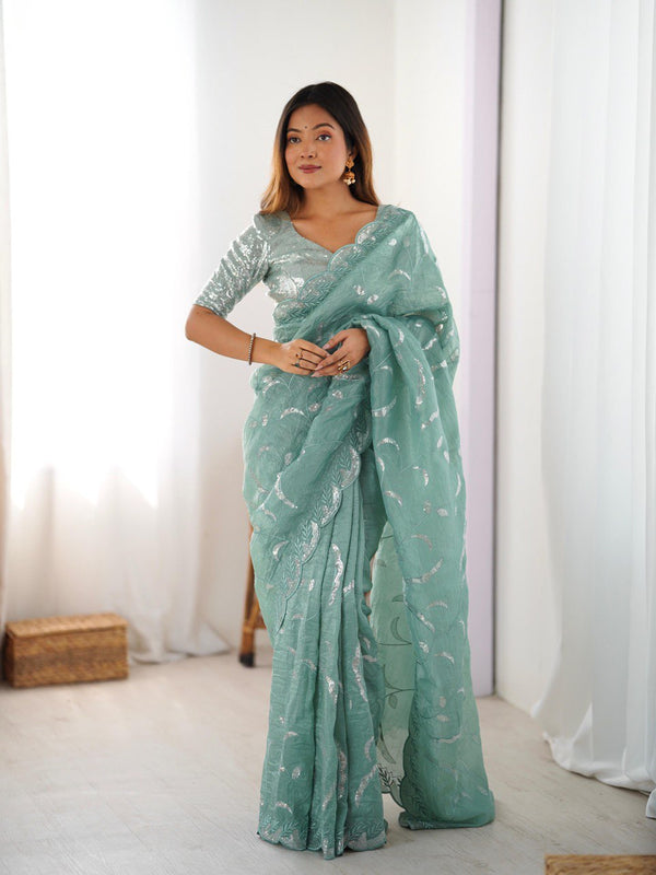 Designer Sequin Work Saree in Gold Crush Fabric with Matching Blouse