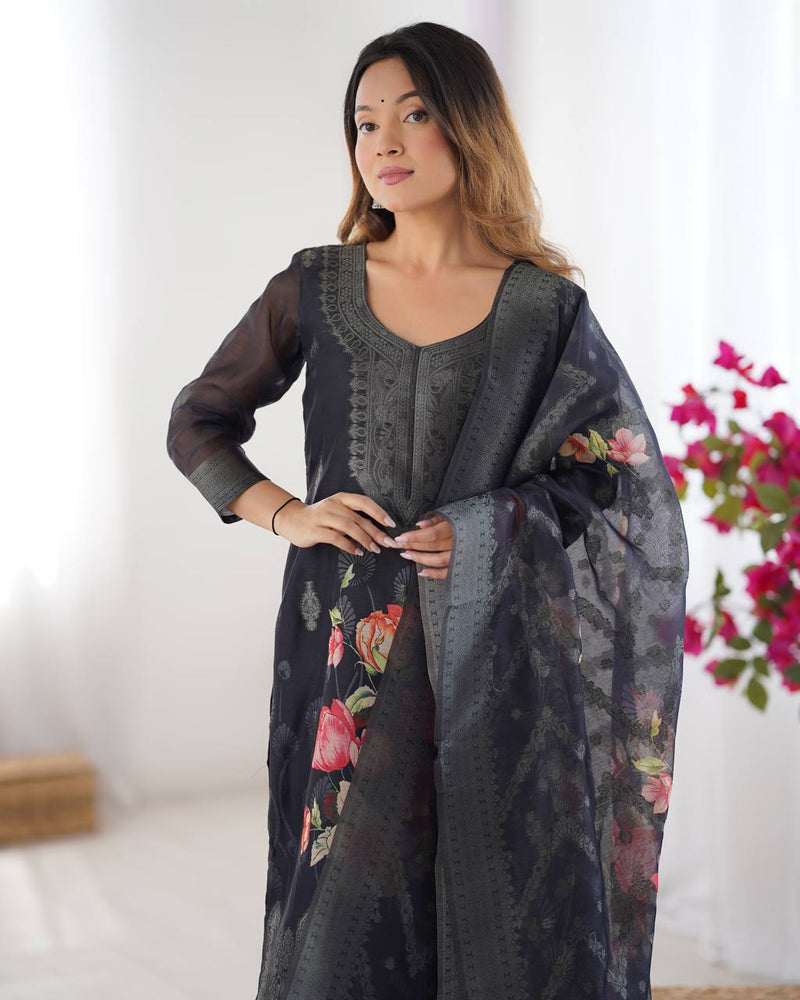 Stylish Jacquard Chanderi Silk Dress Set with Elastic Waist Pants