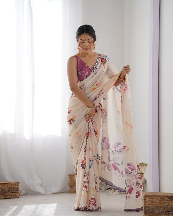Elegant Cream Floral Printed Saree with Mauve Blouse