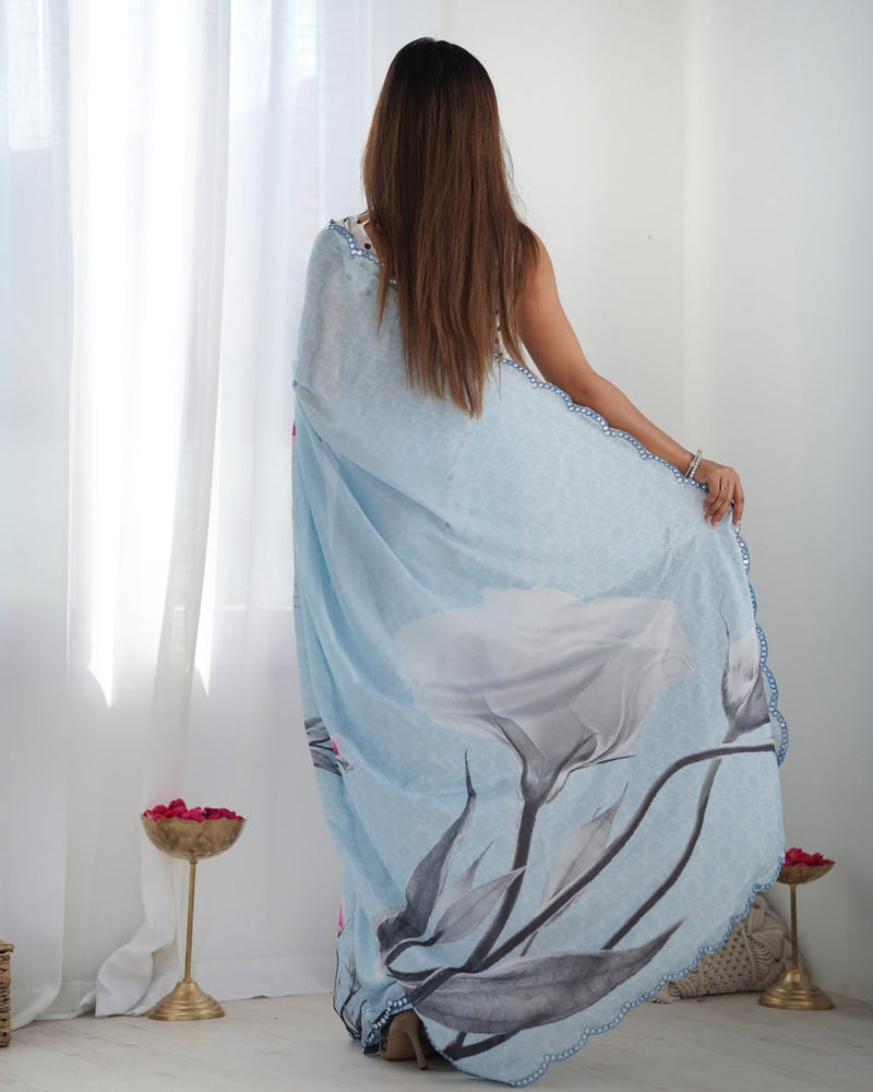 Soft & Stunning Light Blue Saree with Artistic Prints and Lace Border With Unstitched Blouse