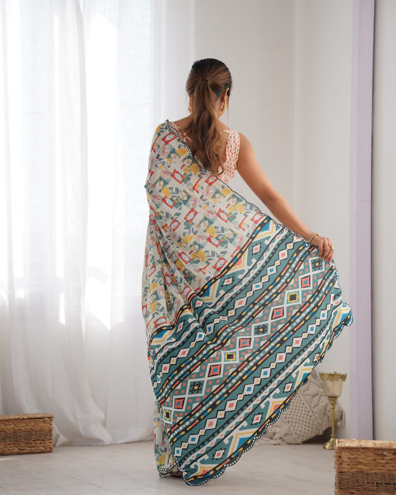 Ivory Chinnon Saree with Geometric Mirror Magic With Matching heavy Chinon blouse