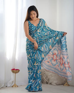 Royal Teal Reverie Heavy Chinon Saree with Beautiful Kutchi Mirror Detailing & Blouse