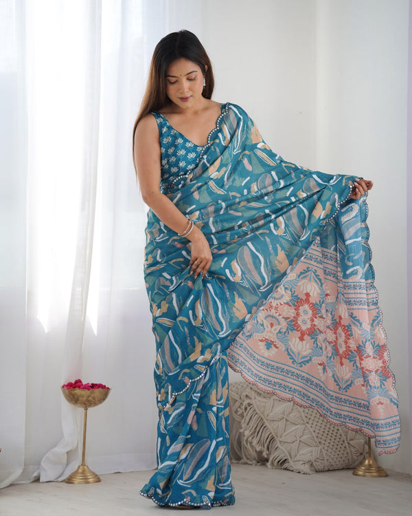 Royal Teal Reverie Heavy Chinon Saree with Beautiful Kutchi Mirror Detailing & Blouse