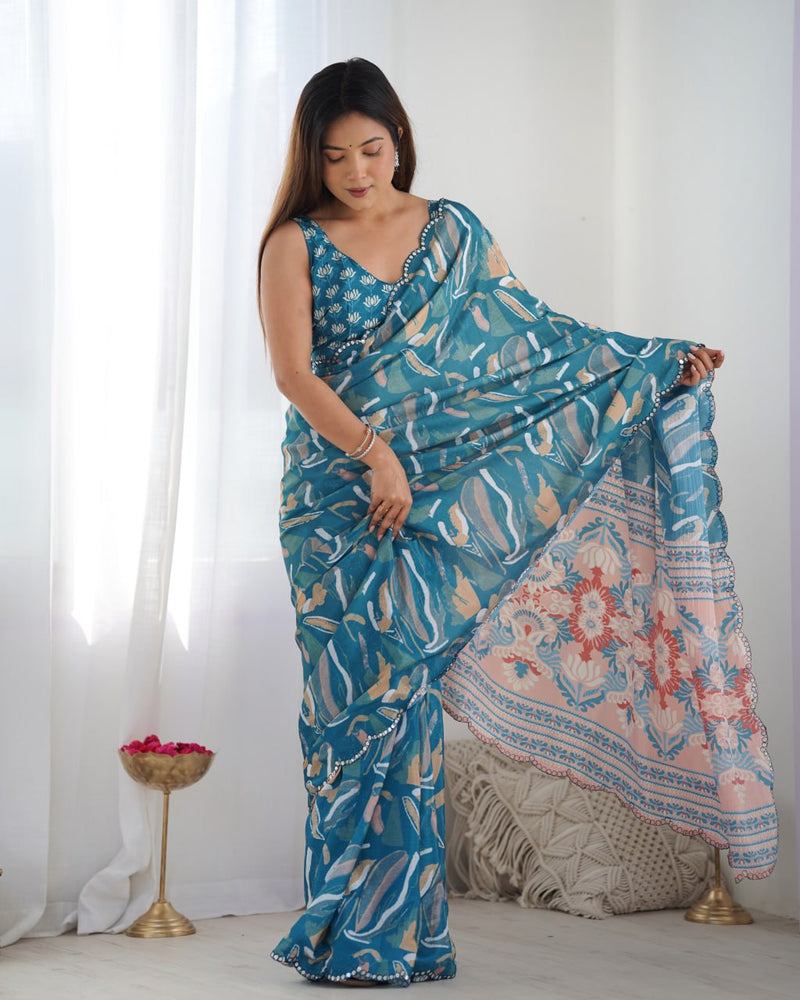 Royal Teal Reverie Heavy Chinon Saree with Beautiful Kutchi Mirror Detailing & Blouse
