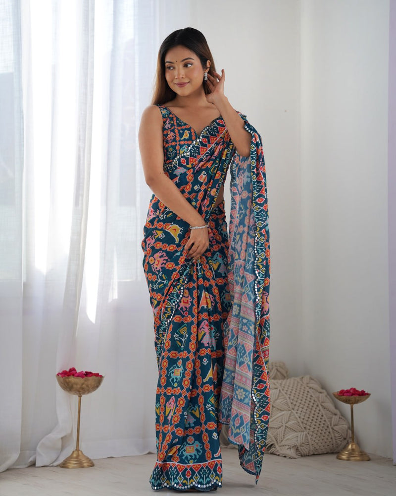 Kutchi Work Heavy Chinon Saree with Unstitched Blouse