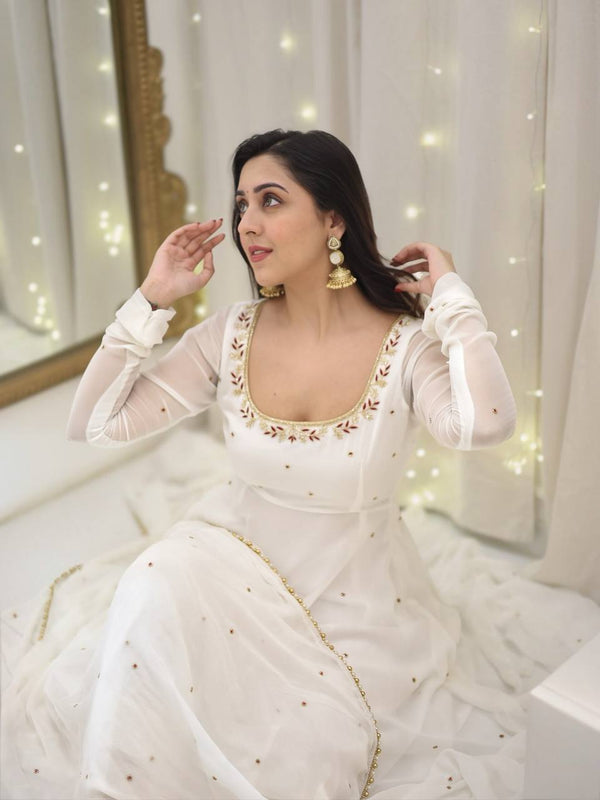 Fully Stitched Faux Georgette Gown Set with Embroidery & Lace Dupatta