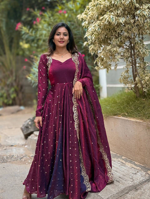 Heavy Fandy Silk Gown Set with Embroidered Dupatta