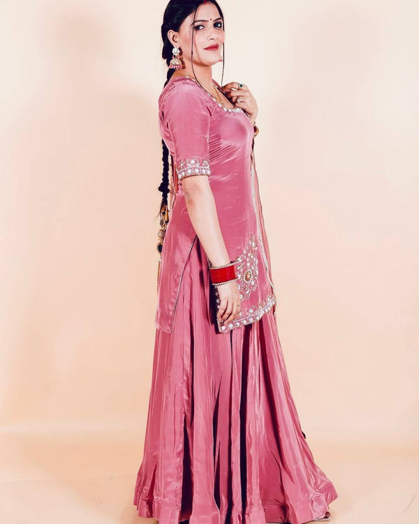 Stylish Natural Crepe Sharara Suit Set with Embroidered Top & Lace Dupatta