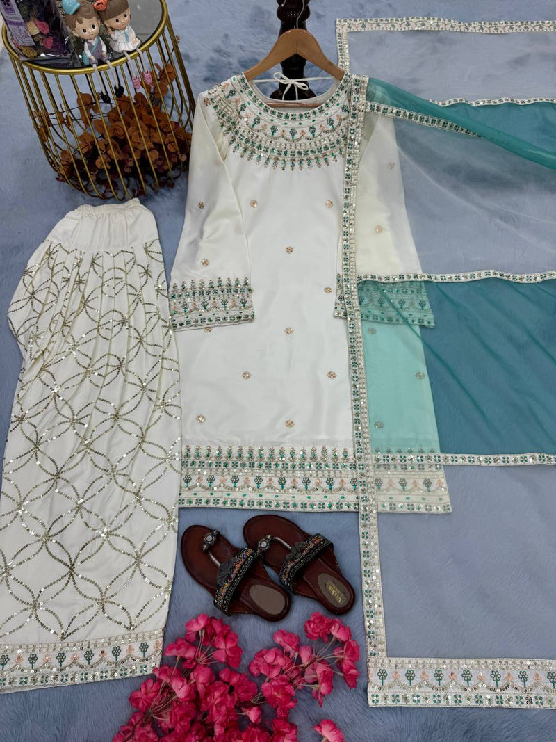 Pure Natural Crepe Designer Palazzo Suit Set with Embroidered Organza Dupatta