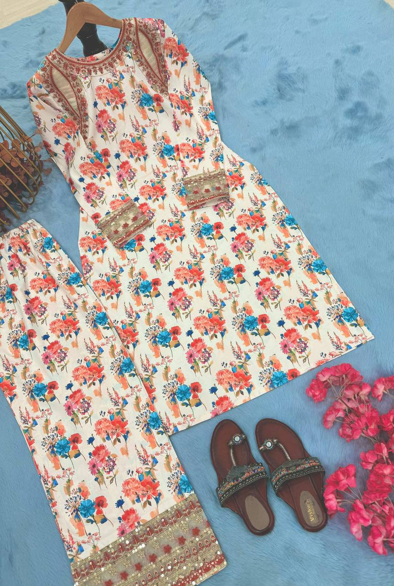Stitched Co-ords Set in Printed & Embroidered Roman Silk
