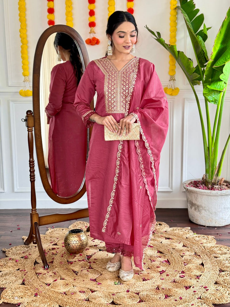 Trendy Embroidered Kurti Collections with Nylon Chanderi Dupatta