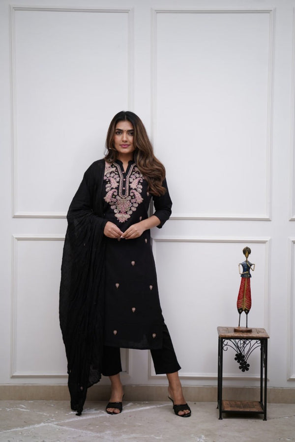 Black Berry  Embroidered Viscose Chanderi Straight Kurta With Trousers & Dupatta