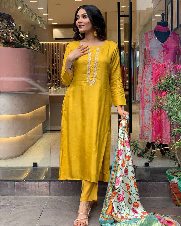 Bright Yellow Embroidered Chanderi Straight Silk Kurta Set with Printed Dupatta