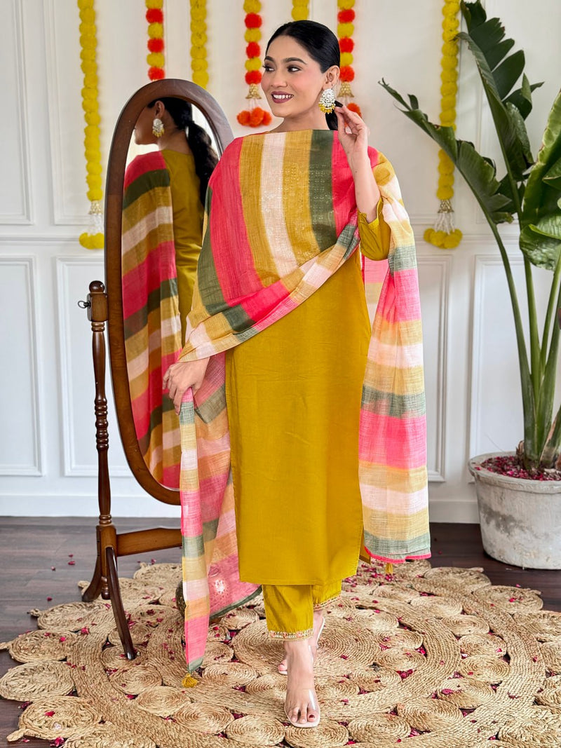 Captivating Viscose Chanderi With Embroidery And Multicolored Pure Linen dupatta