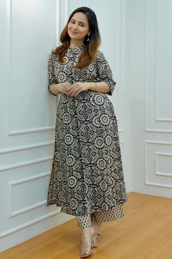 Ethnic Motifs Printed Black Grey Cotton Blend Co-Ord Set