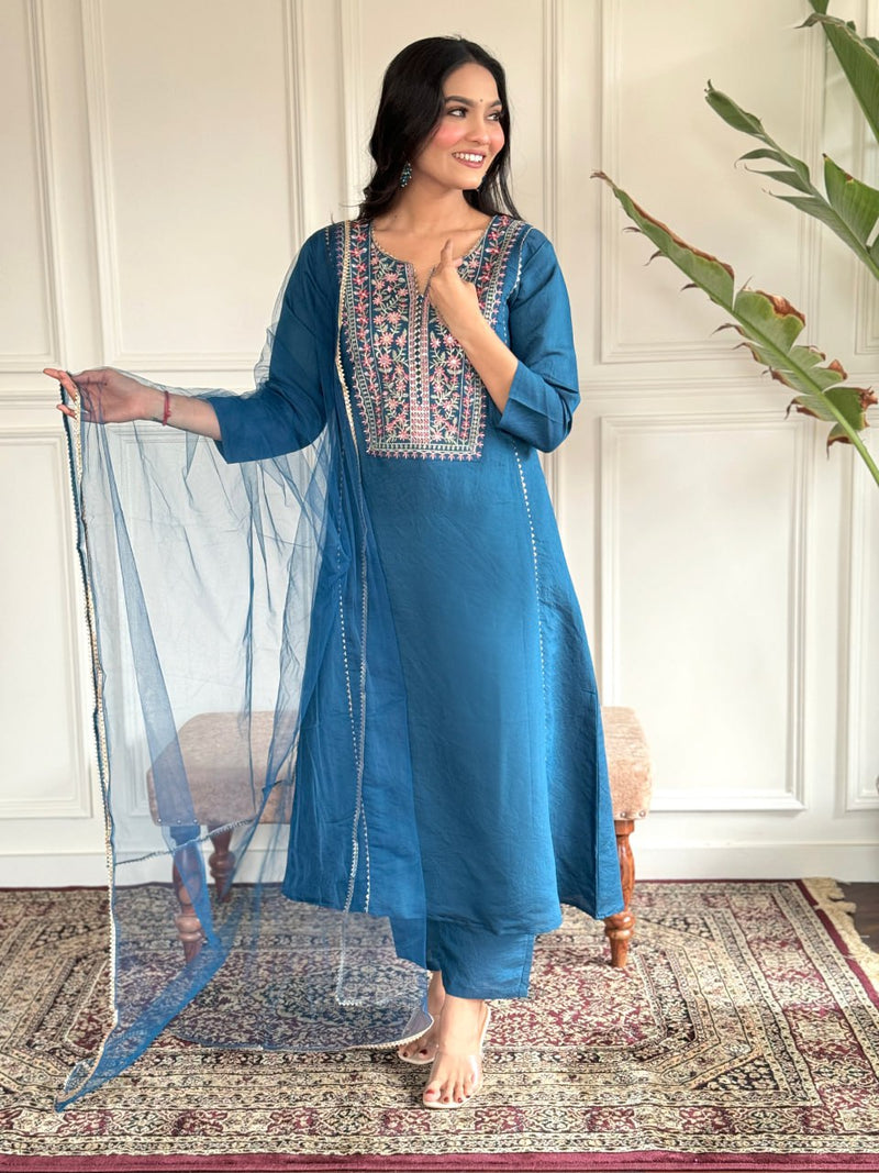 Beautiful Teal Blue Chanderi Viscose Function Wear Pant Suit With Net Dupatta