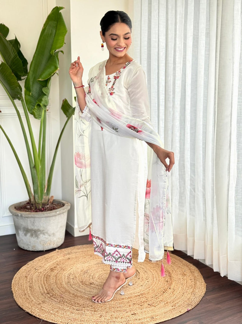 Bewitching White Chanderi Silk Office Wear Pant Suit With Dupatta