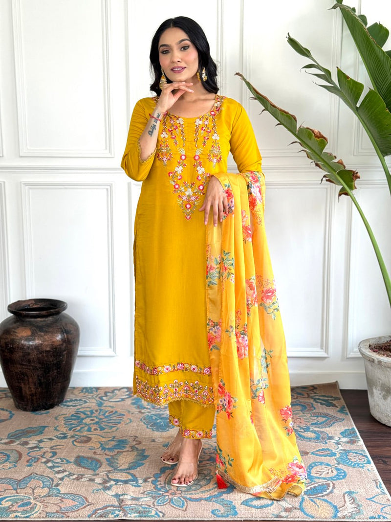 Mustard Yellow Embroidered Kurti Set with Taby Silk Dupatta