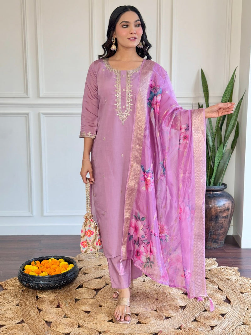 Iconic Embroidered Lavender Chanderi Party Salwar Suit