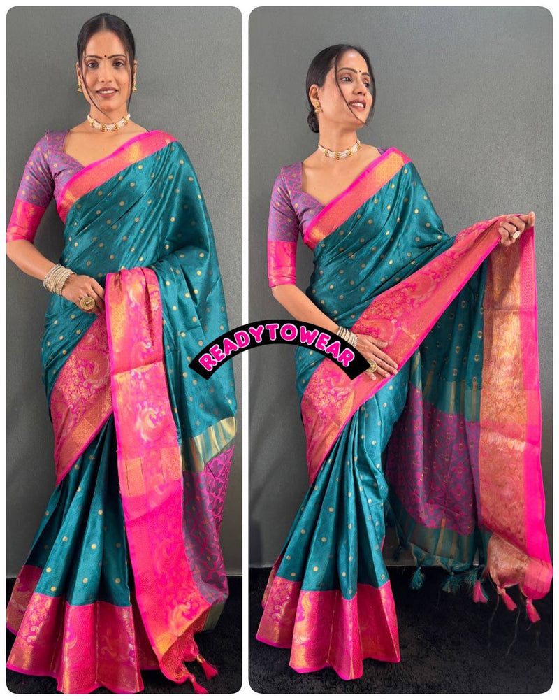 Just One Minute To Wear Designer Pure Silk Saree with Silver Gold Peacock Zari Minawork & Heavy Blouse