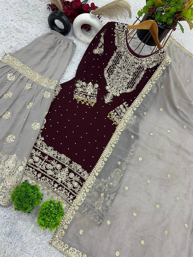 Rich Faux Georgette Stitched Suit Set with Embroidered Plazzo & Dupatta