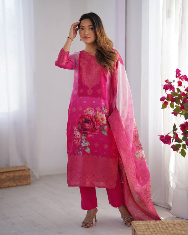 Premium Chanderi Silk Jacquard & Digital Print Suit with Micro Pants