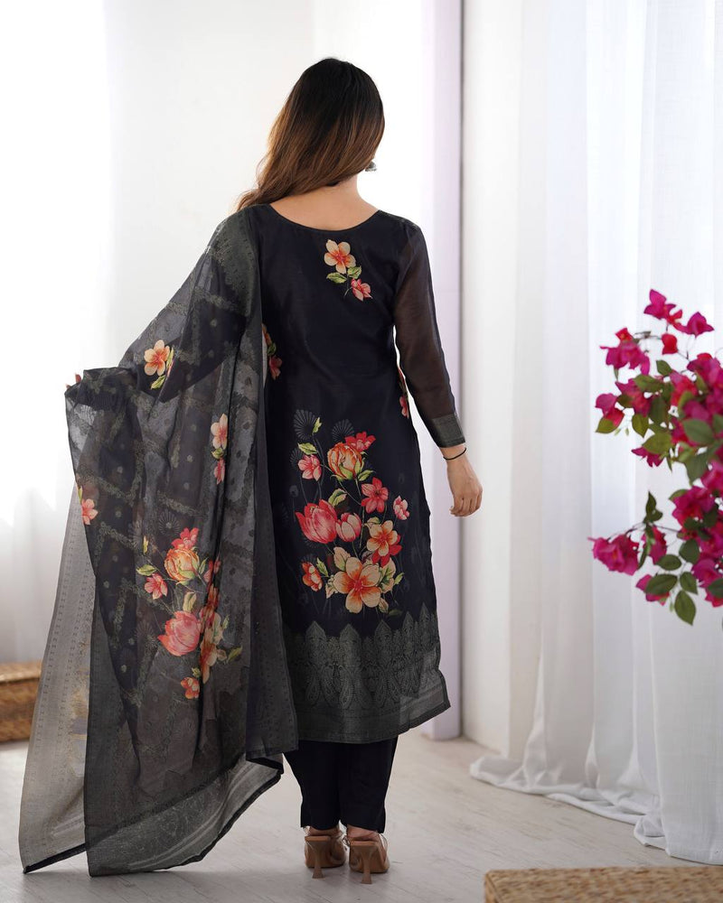 Stylish Jacquard Chanderi Silk Dress Set with Elastic Waist Pants