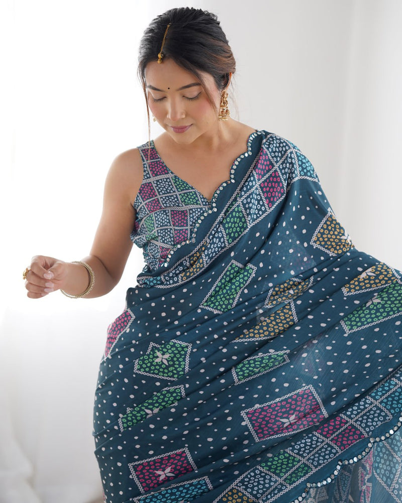 Artisanal Elegance Bandhani Saree in Teal with Multicolor Geometric Motifs