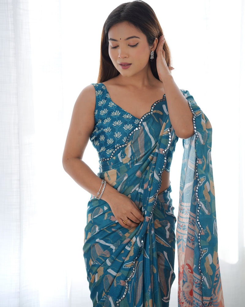Royal Teal Reverie Heavy Chinon Saree with Beautiful Kutchi Mirror Detailing & Blouse
