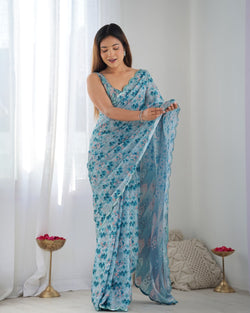 Elegant Pastel Aqua Blue Heavy Chinon Mirror Work Saree with Blouse