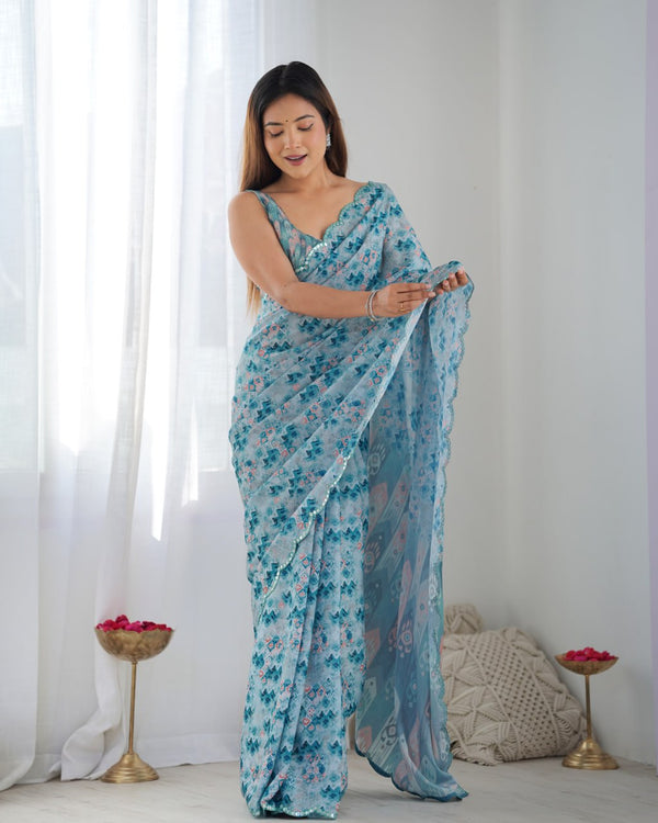 Elegant Pastel Aqua Blue Heavy Chinon Mirror Work Saree with Blouse
