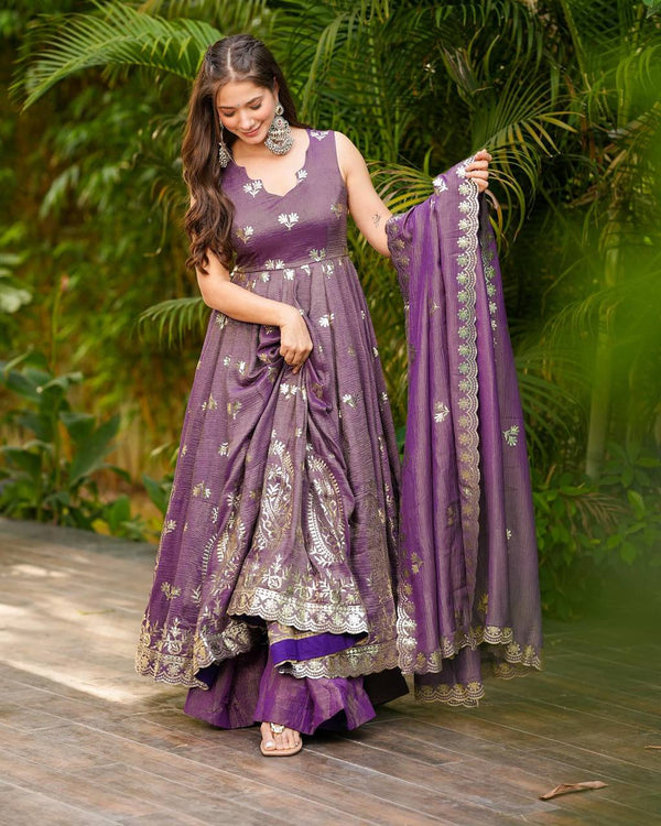 Embroidered Crunchy Silk Kurti Set with Plazzo & Dupatta