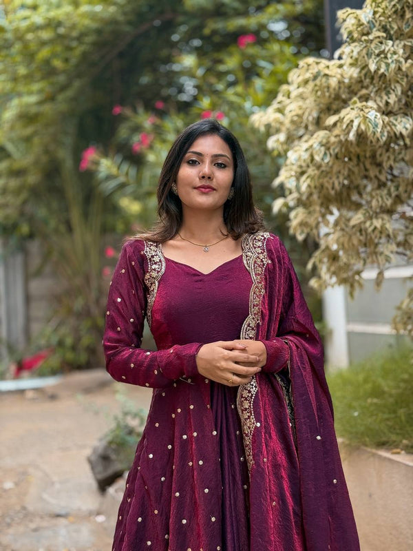 Heavy Fandy Silk Gown Set with Embroidered Dupatta