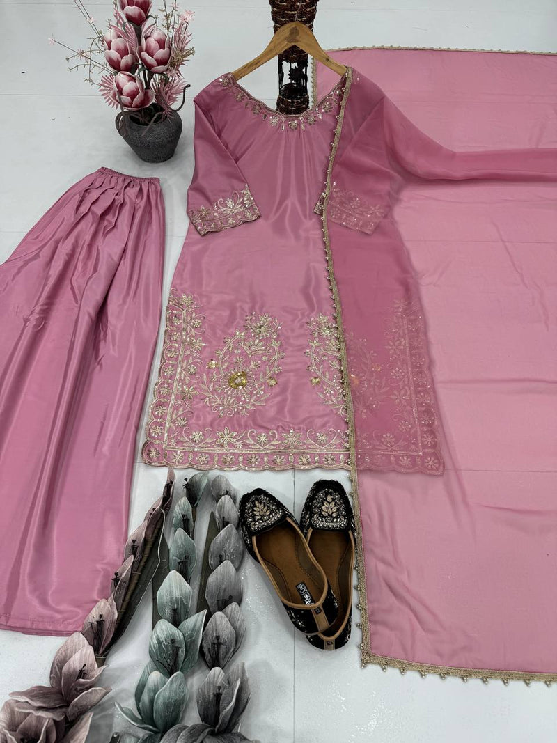 Stylish Natural Crepe Sharara Suit Set with Embroidered Top & Lace Dupatta