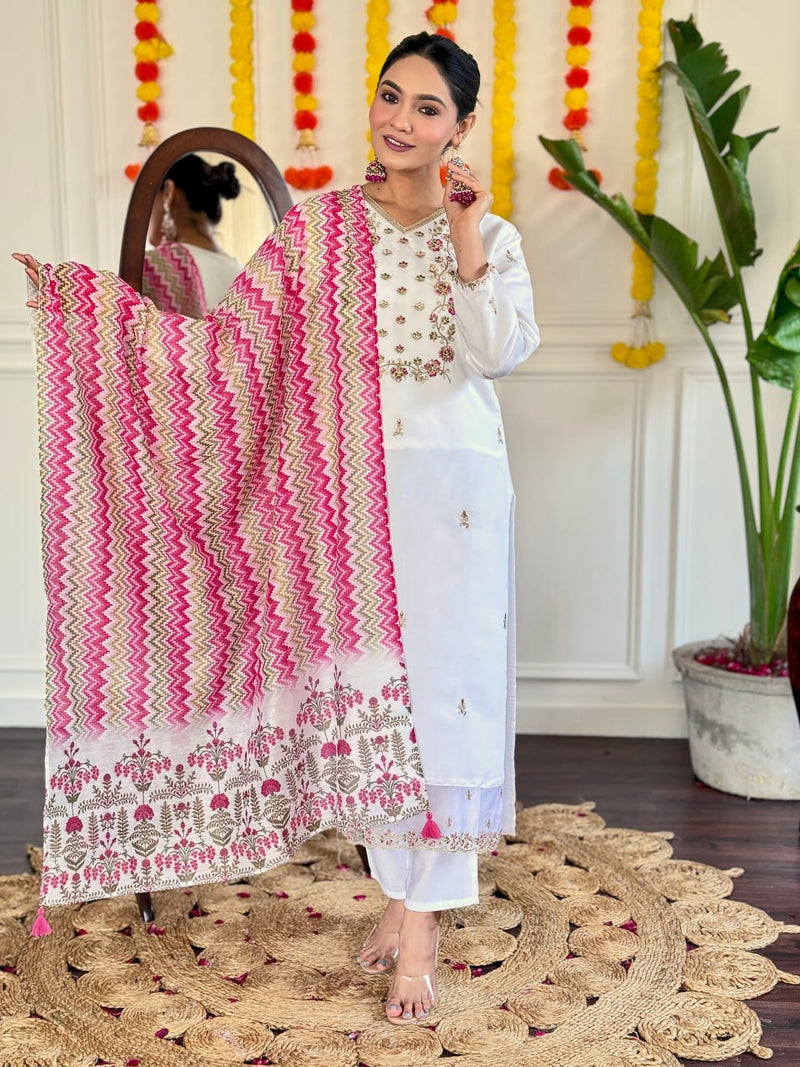 Designer White Chanderi Suit Set with Embroidered Work and Printed Dupatta