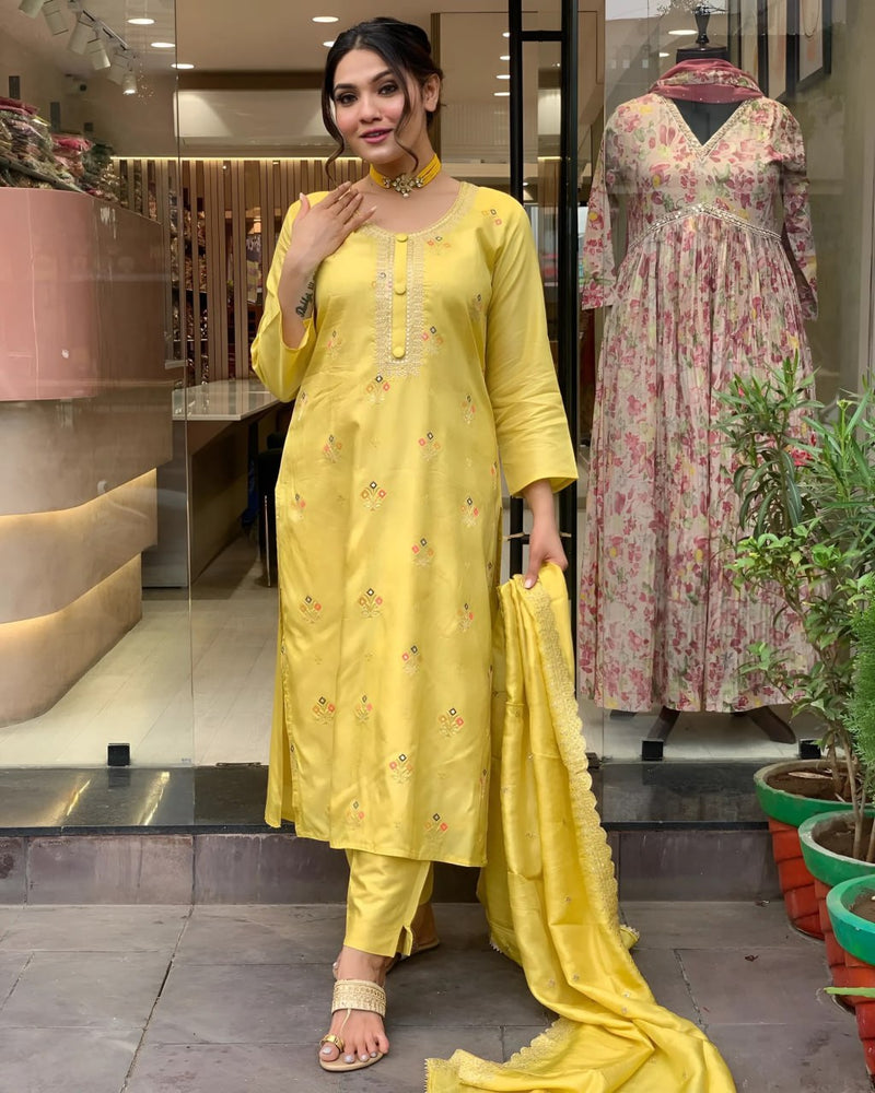 Vibrant Yellow Stylish Kurti Sets with Embroidery and Tebby Organza Dupatta