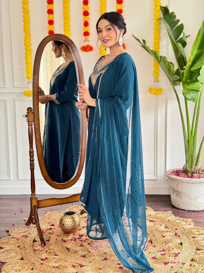 Elegant Viscose Chanderi Suit Set with Embroidery and Nylon Jacquard Dupatta