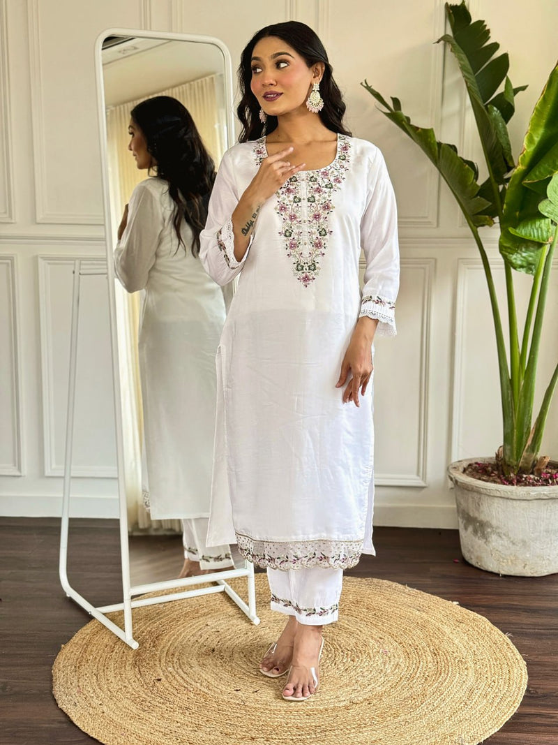 White Color Viscose Chanderi 3 piece Kurti Set With Embroidery Work