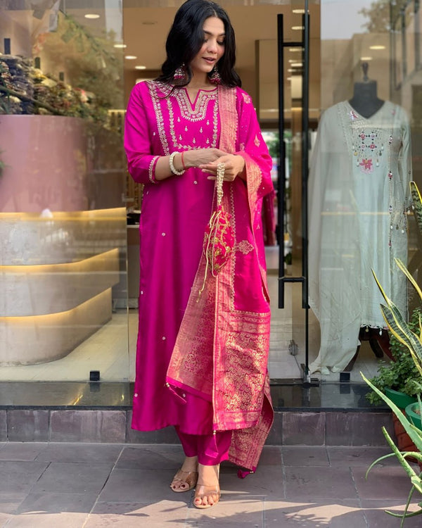 Designer Viscose Chanderi Embroidered A Line Kurta Set with Pants and Heavy Jacquard Dupatta for Women