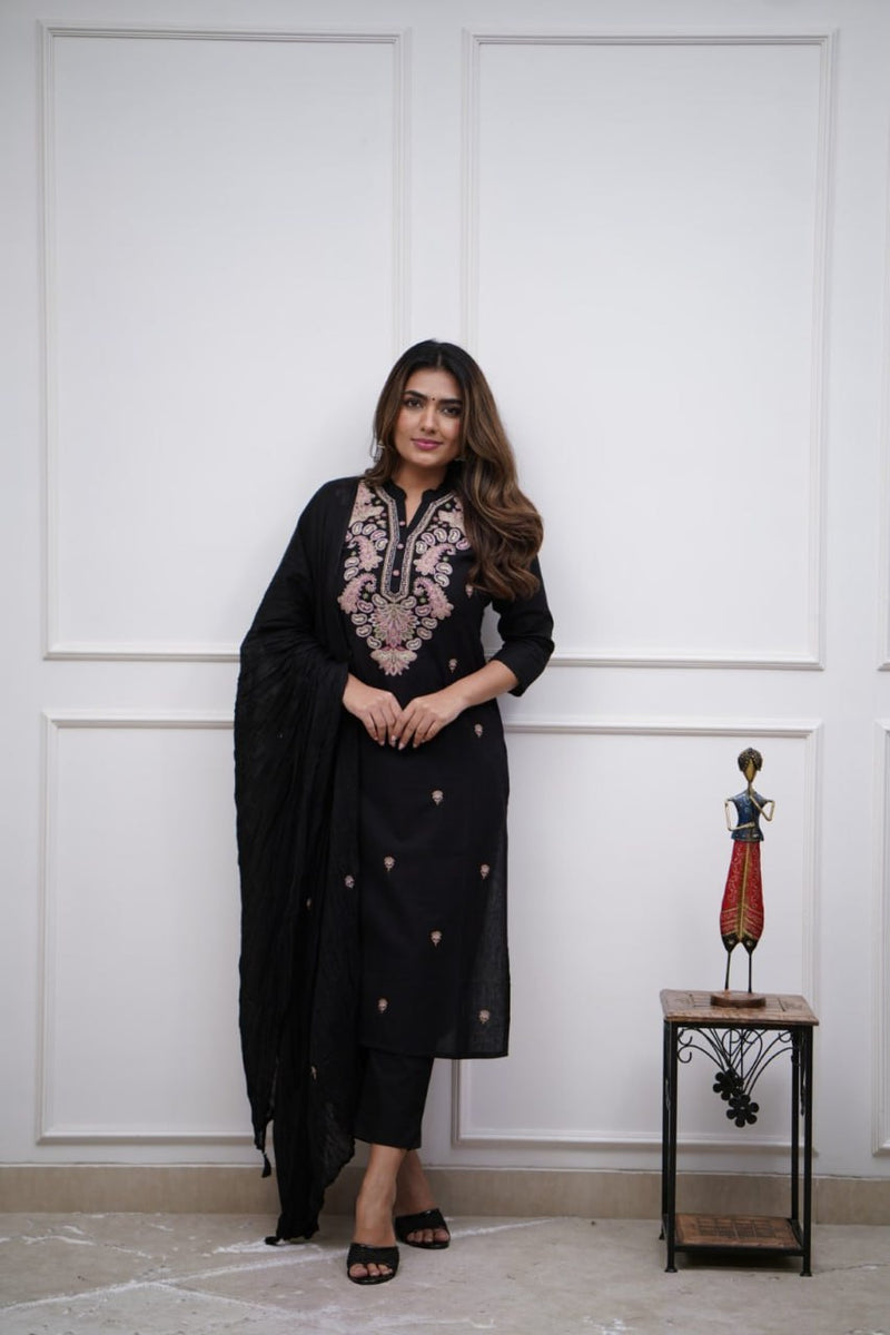 Black Berry  Embroidered Viscose Chanderi Straight Kurta With Trousers & Dupatta