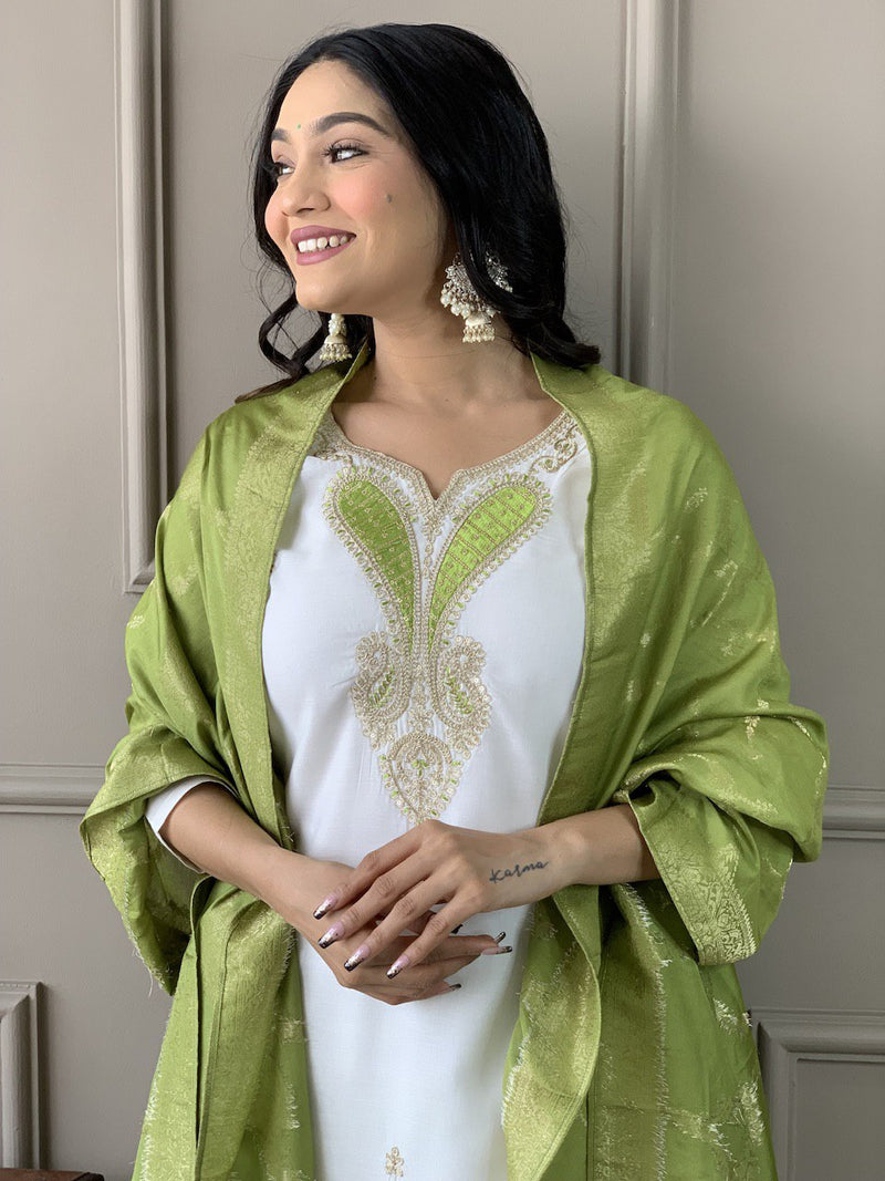 Classy White Viscose Chanderi With Embroidery Neck Work With Jacquard Silk Dupatta