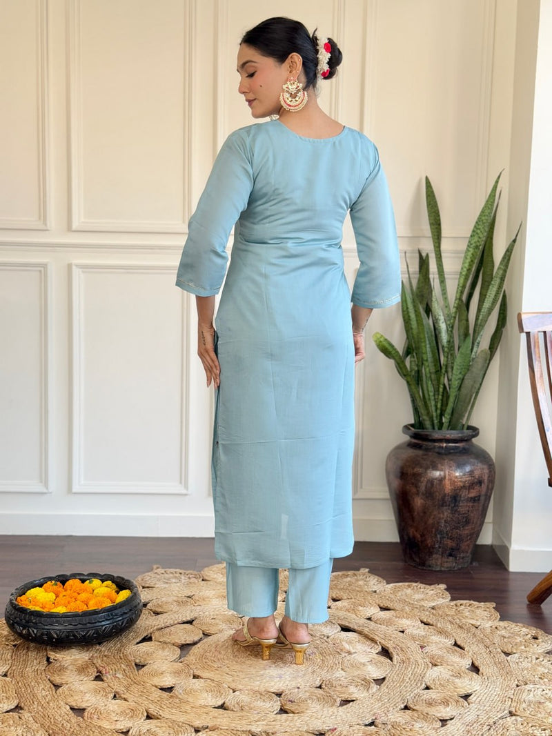 Sky Blue Viscose Chanderi Embroidered & Printed Suit Set with Jacquard Butti Dupatta