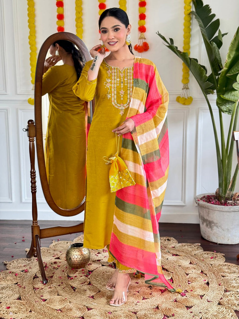 Captivating Viscose Chanderi With Embroidery And Multicolored Pure Linen dupatta