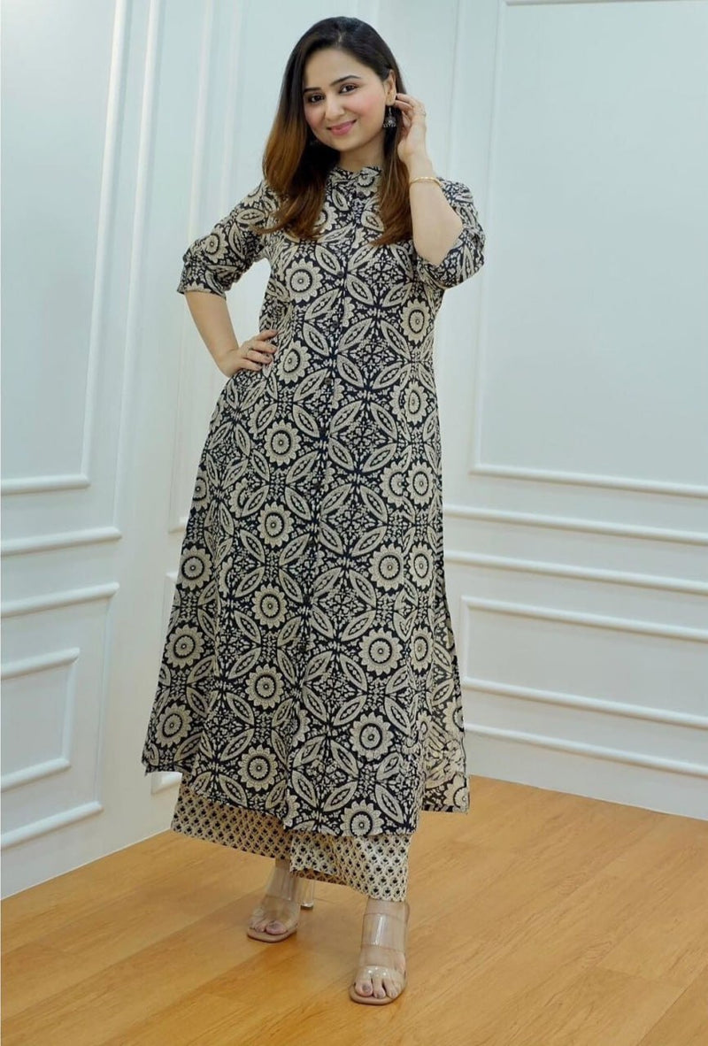 Ethnic Motifs Printed Black Grey Cotton Blend Co-Ord Set