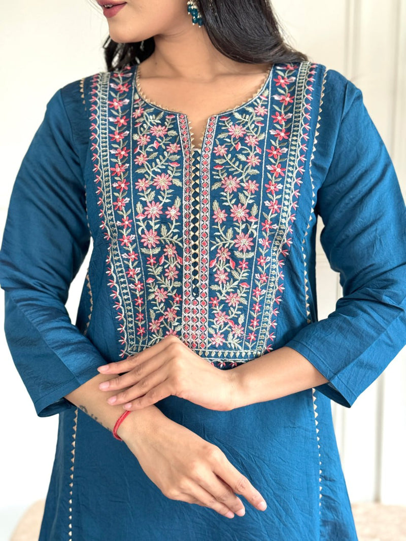 Beautiful Teal Blue Chanderi Viscose Function Wear Pant Suit With Net Dupatta