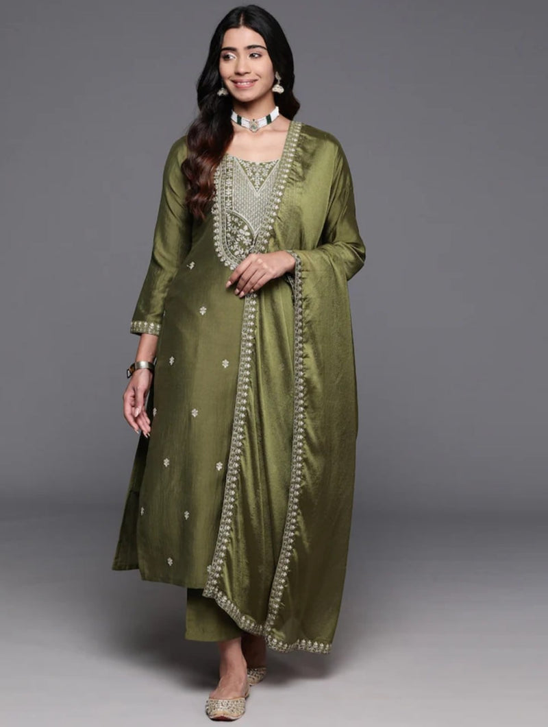 Elegant Viscose Chanderi Heavy Thread Embroidery Work Kurta Pant Set Stitched