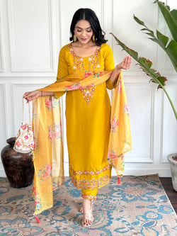 Mustard Yellow Embroidered Kurti Set with Taby Silk Dupatta