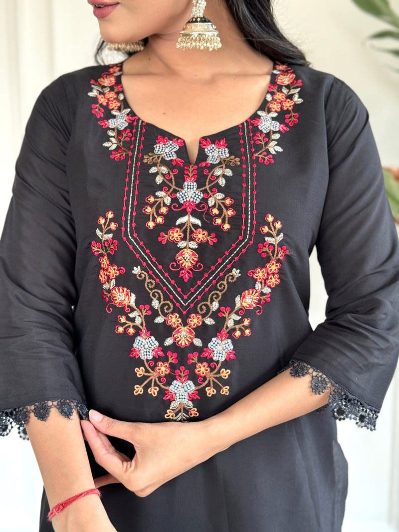 Black Chanderi Designer Embroidery Work With Printed Traditional Wear Readymade Salwar Kameez For Trendy Looks Stitched