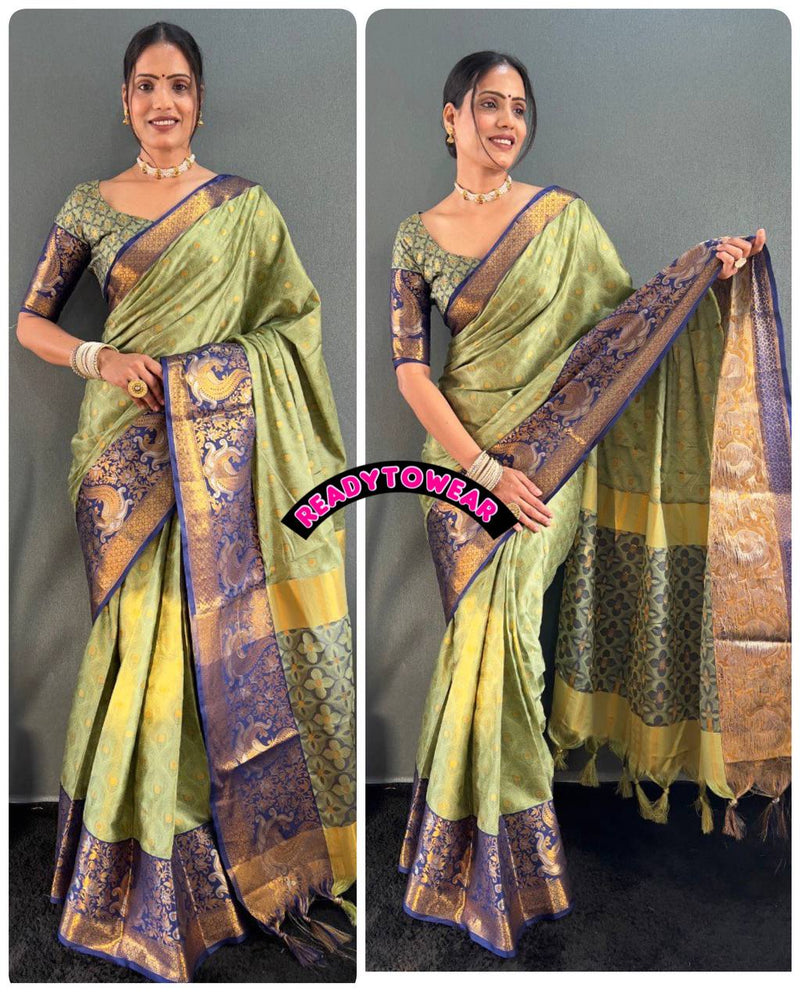 Just One Minute To Wear Designer Pure Silk Saree with Silver Gold Peacock Zari Minawork & Heavy Blouse