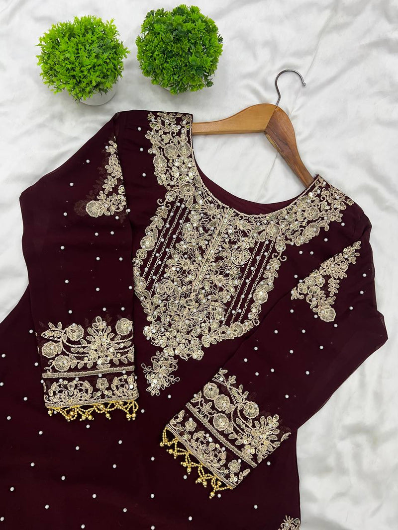 Rich Faux Georgette Stitched Suit Set with Embroidered Plazzo & Dupatta
